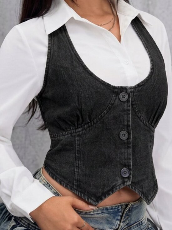 Indulge in blue Jackets & Blazers - Black Denim Halter Vest Crop Top Button Front Y2K Style – Size XL